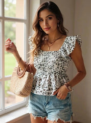 Smocked Square Neck Ruffled Cap Sleeve Blouse