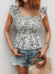 Smocked Square Neck Ruffled Cap Sleeve Blouse