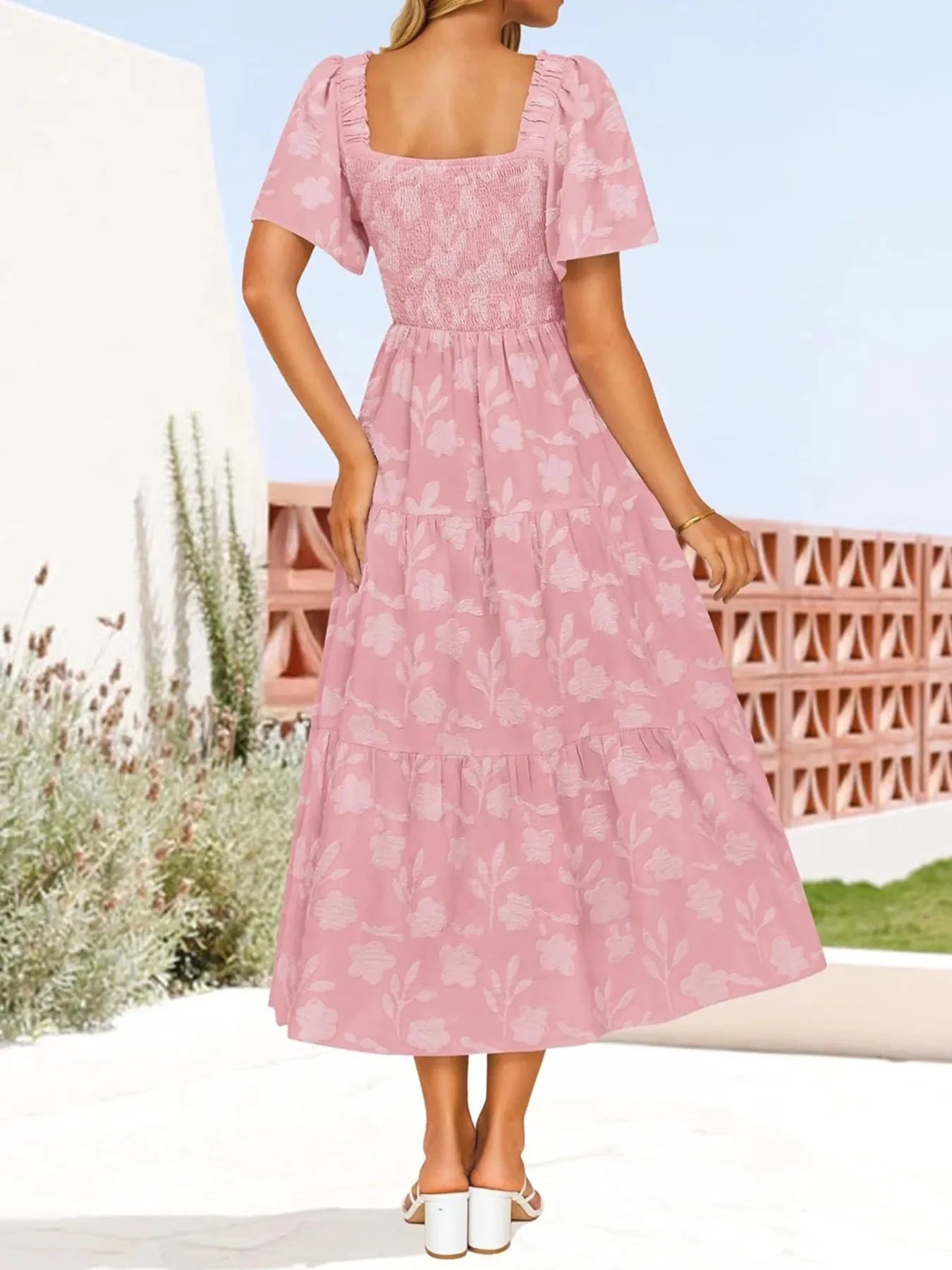 Smocked Square Neck Short Sleeve Dress