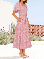 Smocked Square Neck Short Sleeve Dress