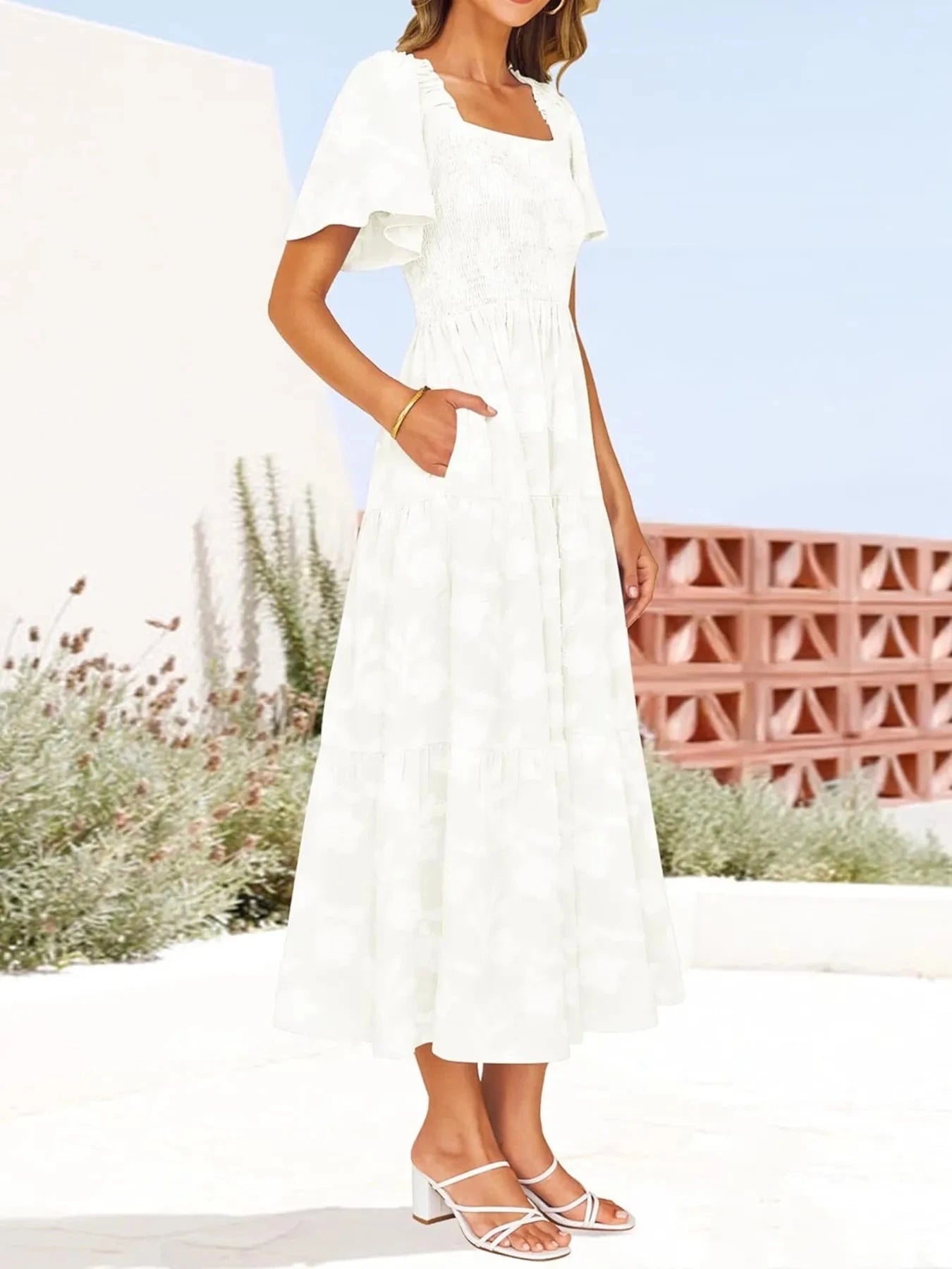 Smocked Square Neck Short Sleeve Dress