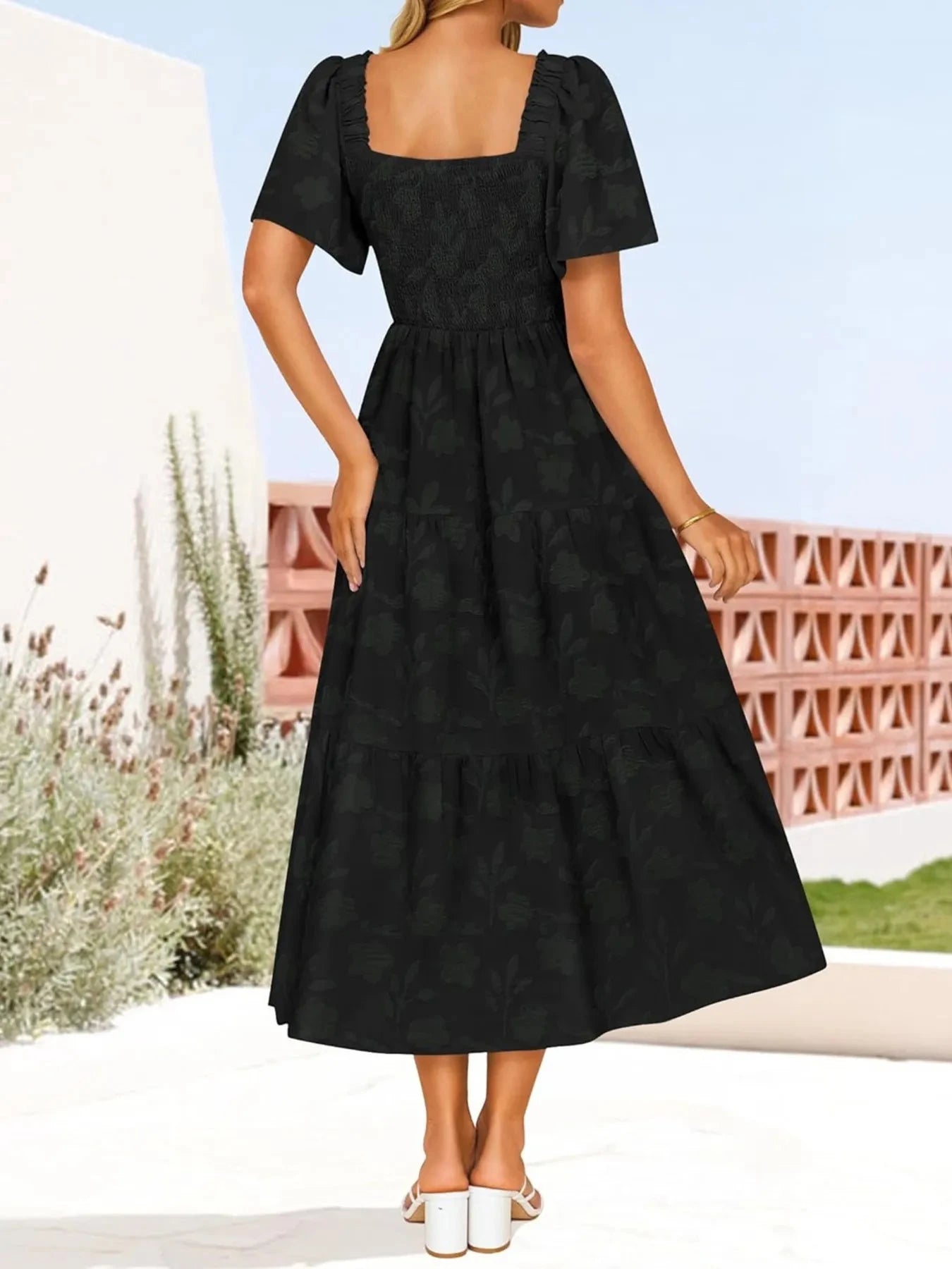 Smocked Square Neck Short Sleeve Dress