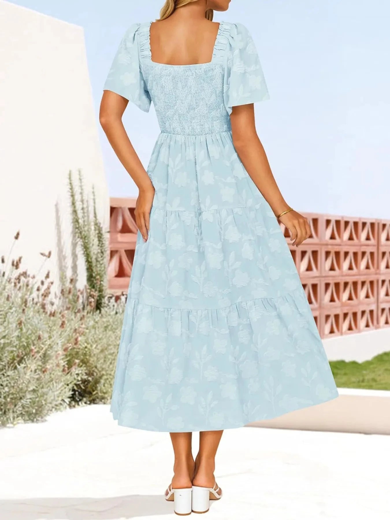 Smocked Square Neck Short Sleeve Dress