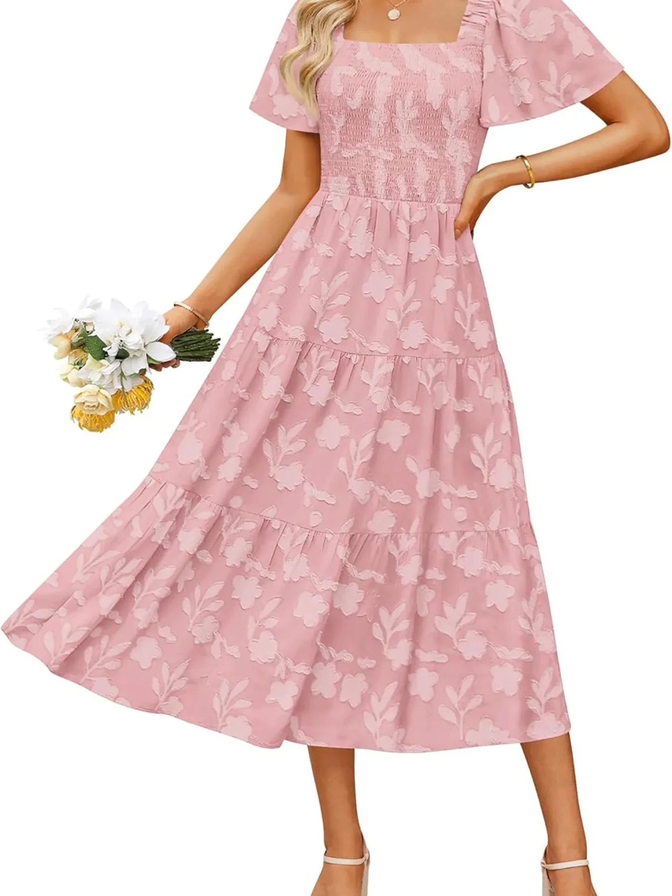 Smocked Square Neck Short Sleeve Dress