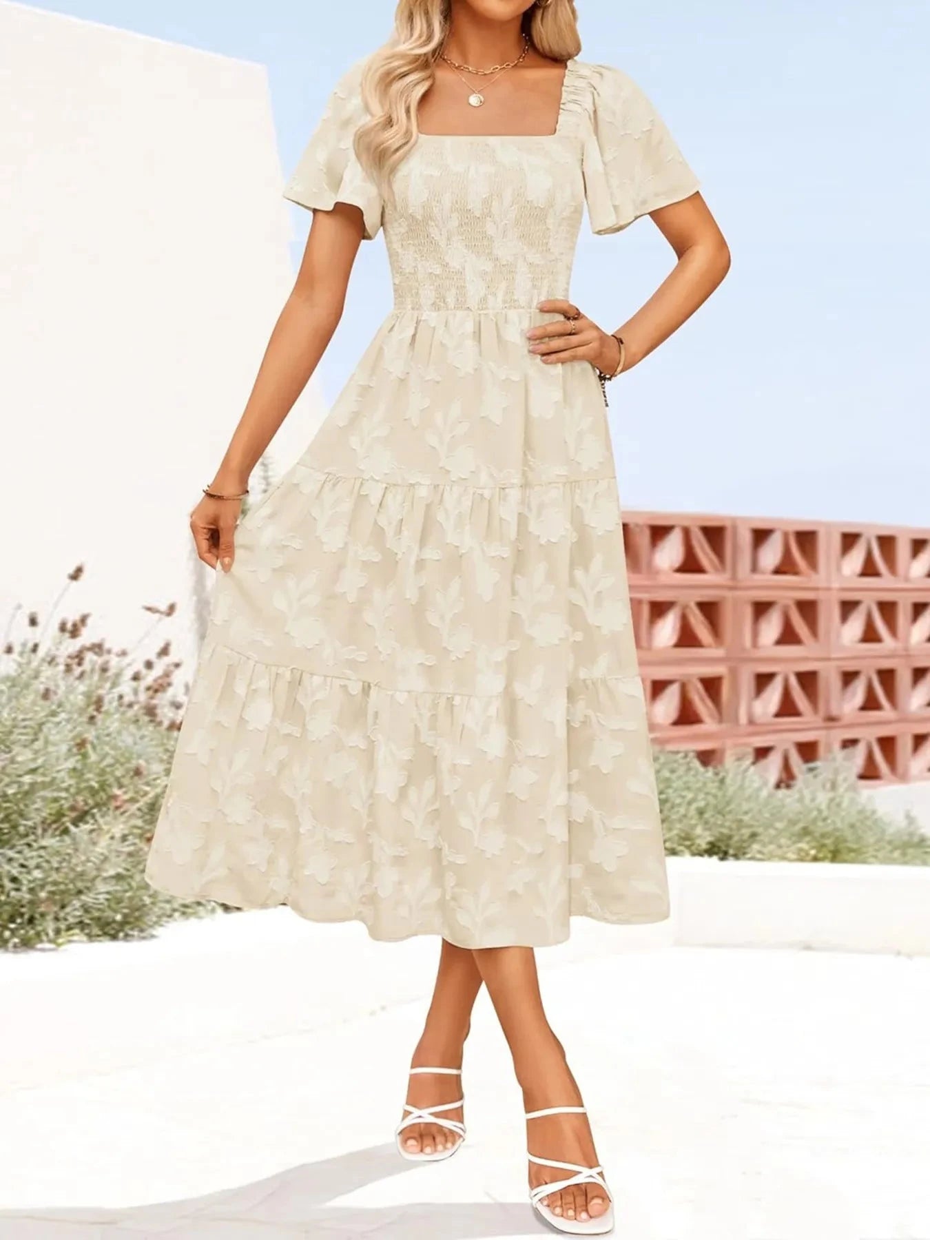 Smocked Square Neck Short Sleeve Dress Apricot / S