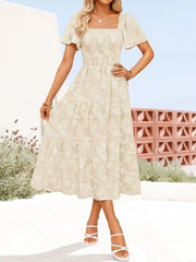 Smocked Square Neck Short Sleeve Dress Apricot / S