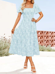 Smocked Square Neck Short Sleeve Dress Light Blue / S