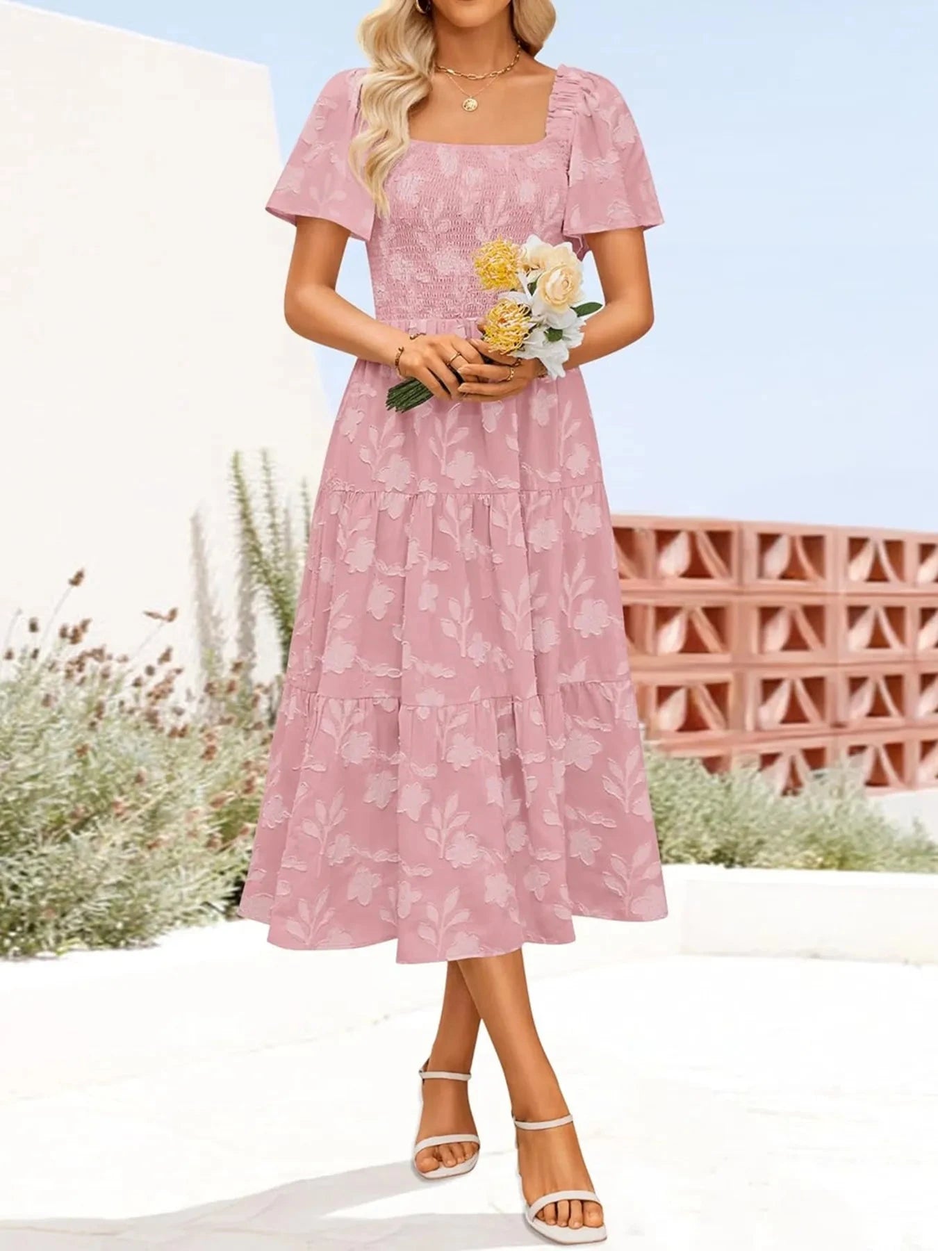 Smocked Square Neck Short Sleeve Dress Pink / S