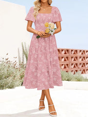 Smocked Square Neck Short Sleeve Dress Pink / S