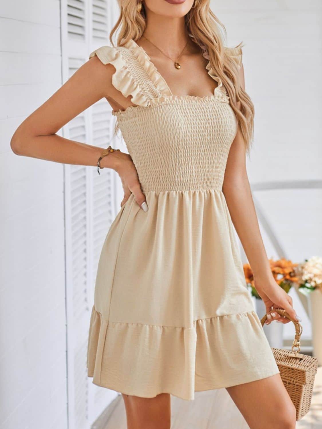Smocked Square Neck Wide Strap Dress