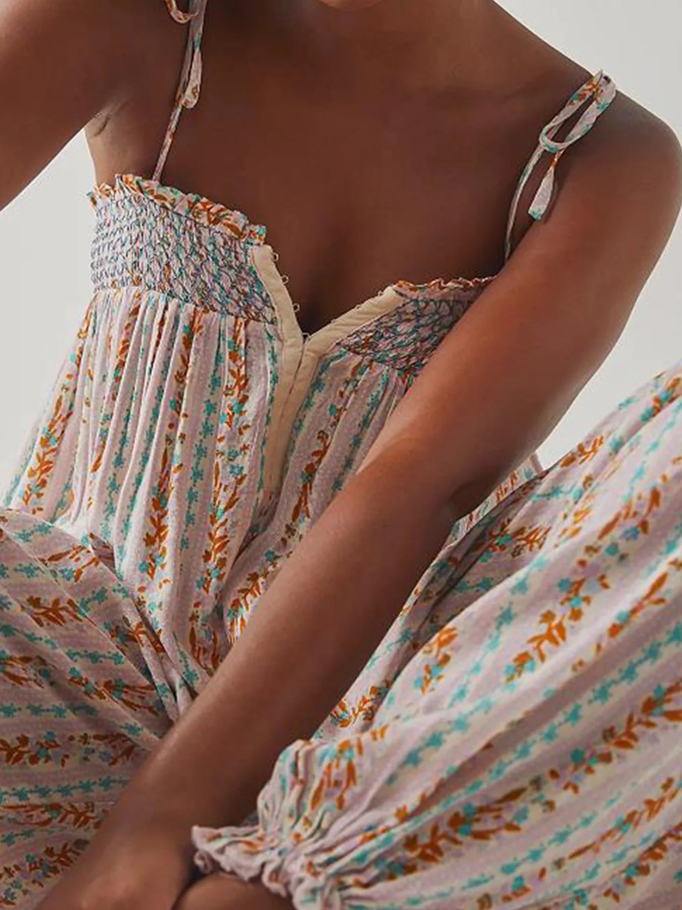 Smocked Tie Shoulder Jumpsuit