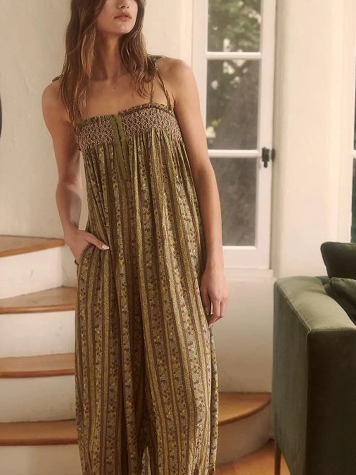 Smocked Tie Shoulder Jumpsuit Dark Brown / S