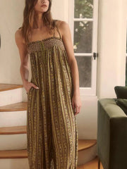 Smocked Tie Shoulder Jumpsuit Dark Brown / S