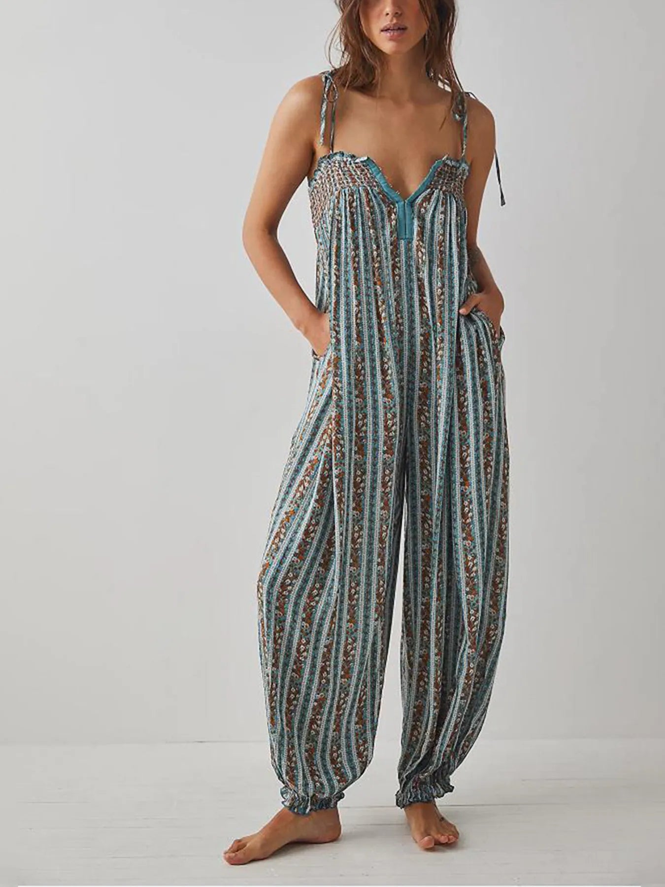 Smocked Tie Shoulder Jumpsuit Green / S