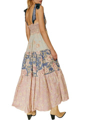 Smocked Tie Shoulder Printed Maxi Dress