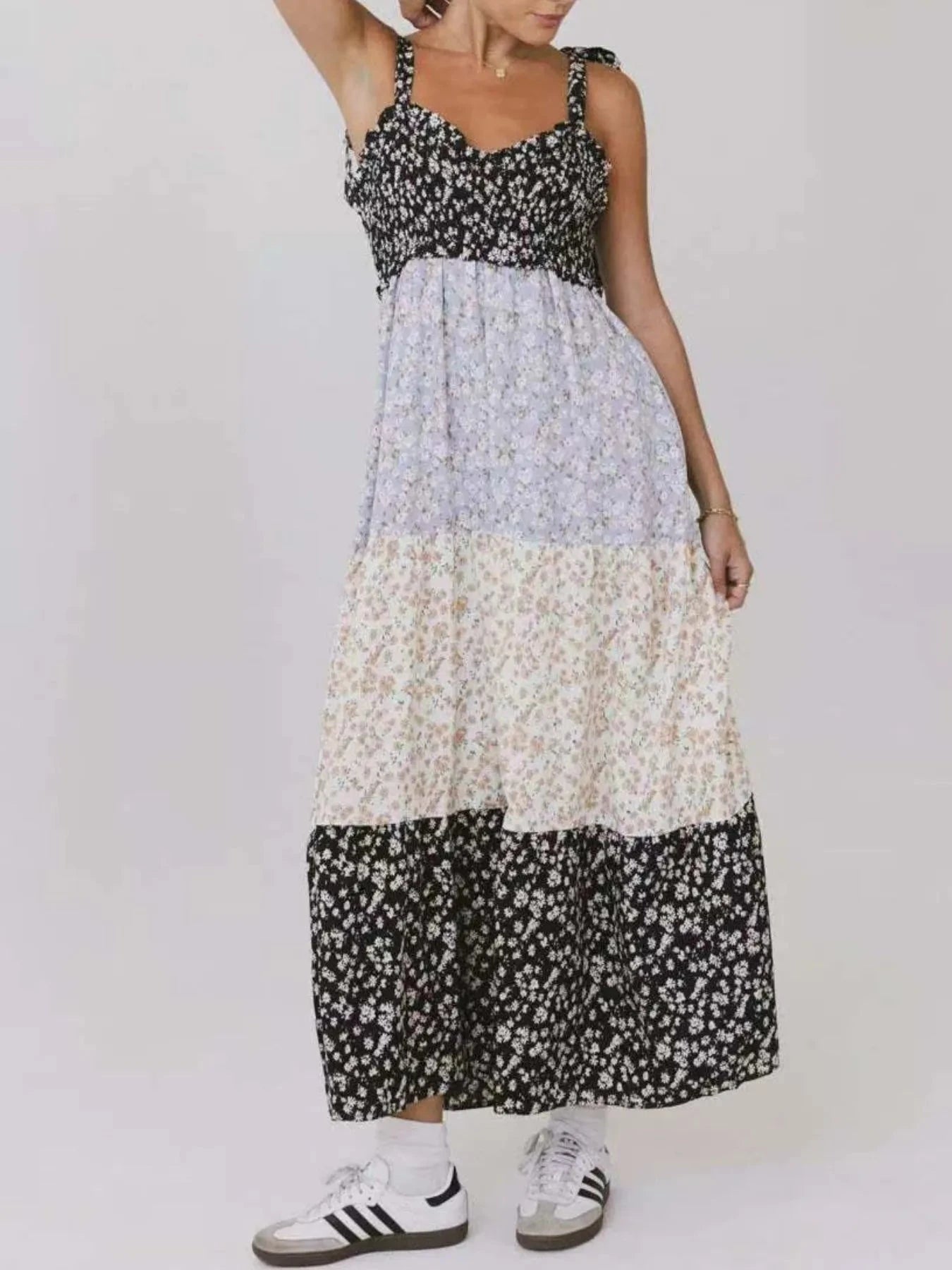 Smocked Tie Shoulder Printed Maxi Dress