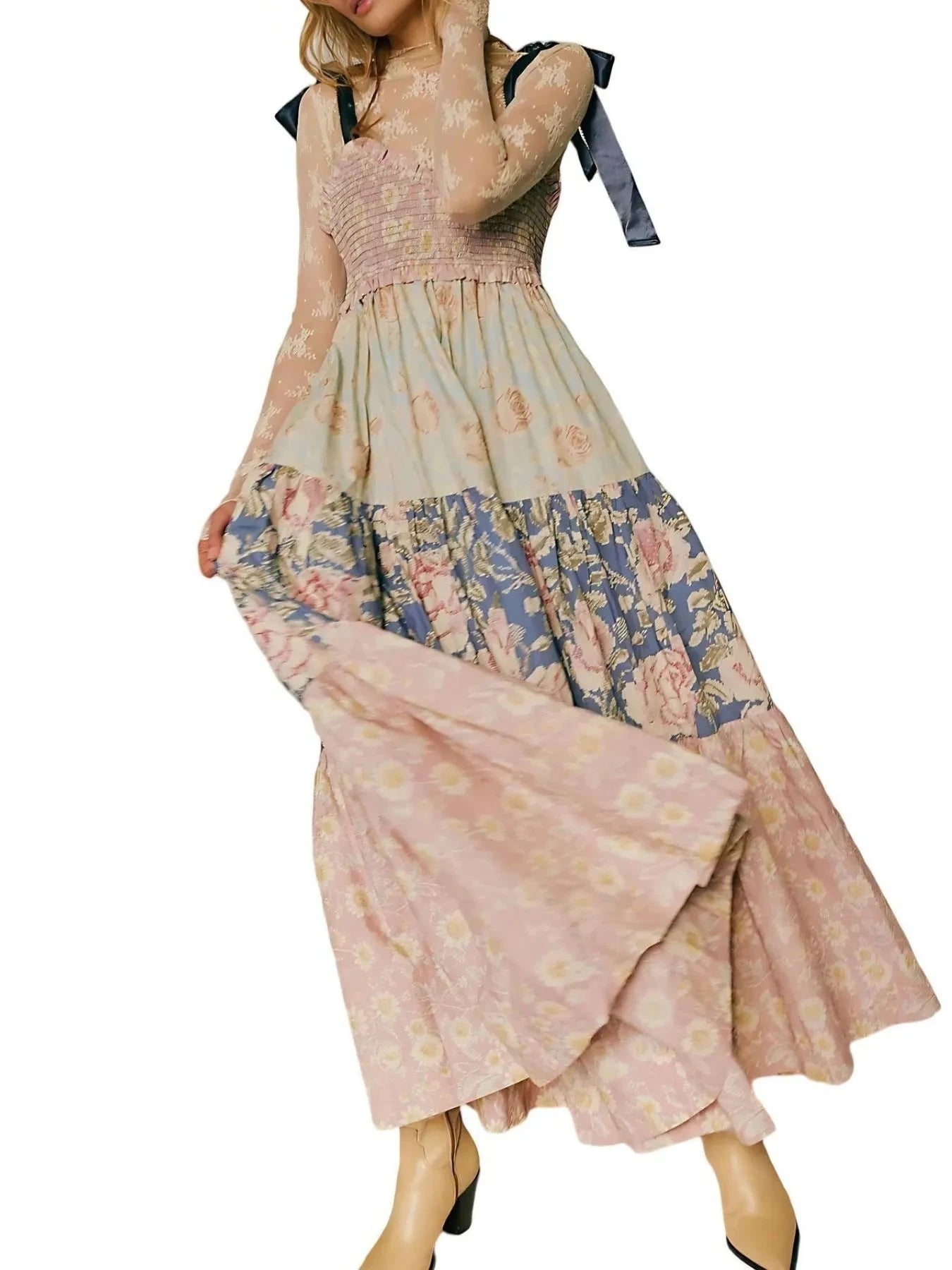 Smocked Tie Shoulder Printed Maxi Dress Apricot / S