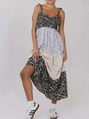 Smocked Tie Shoulder Printed Maxi Dress Black / S