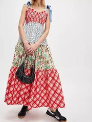 Smocked Tie Shoulder Printed Maxi Dress Deep Red / S