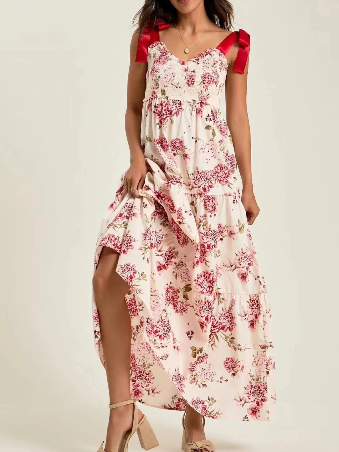 Smocked Tie Shoulder Printed Maxi Dress Floral / S