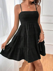 Smocked Tiered Sleeveless Mini Dress Black / S