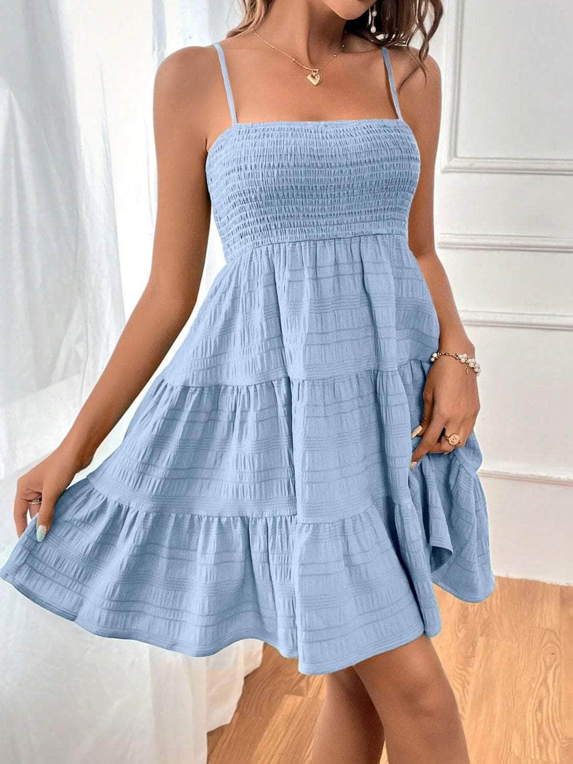 Smocked Tiered Sleeveless Mini Dress Misty Blue / S