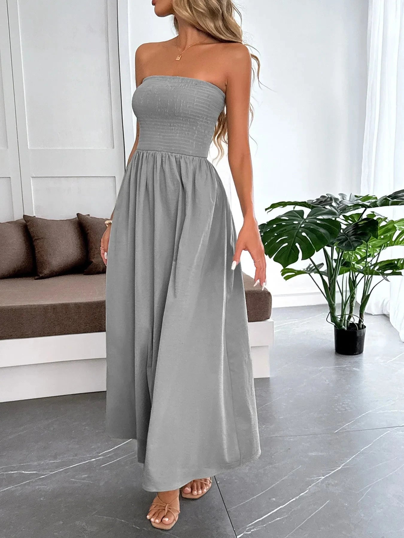 Smocked Tube Maxi Dress Light Gray / S