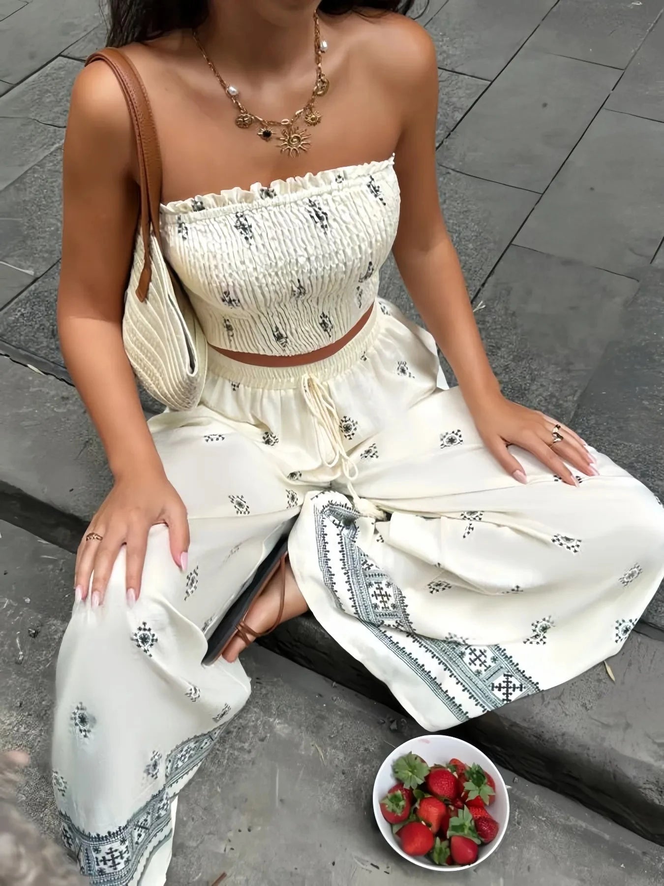 Smocked Tube Top and Pants Set Cream / S