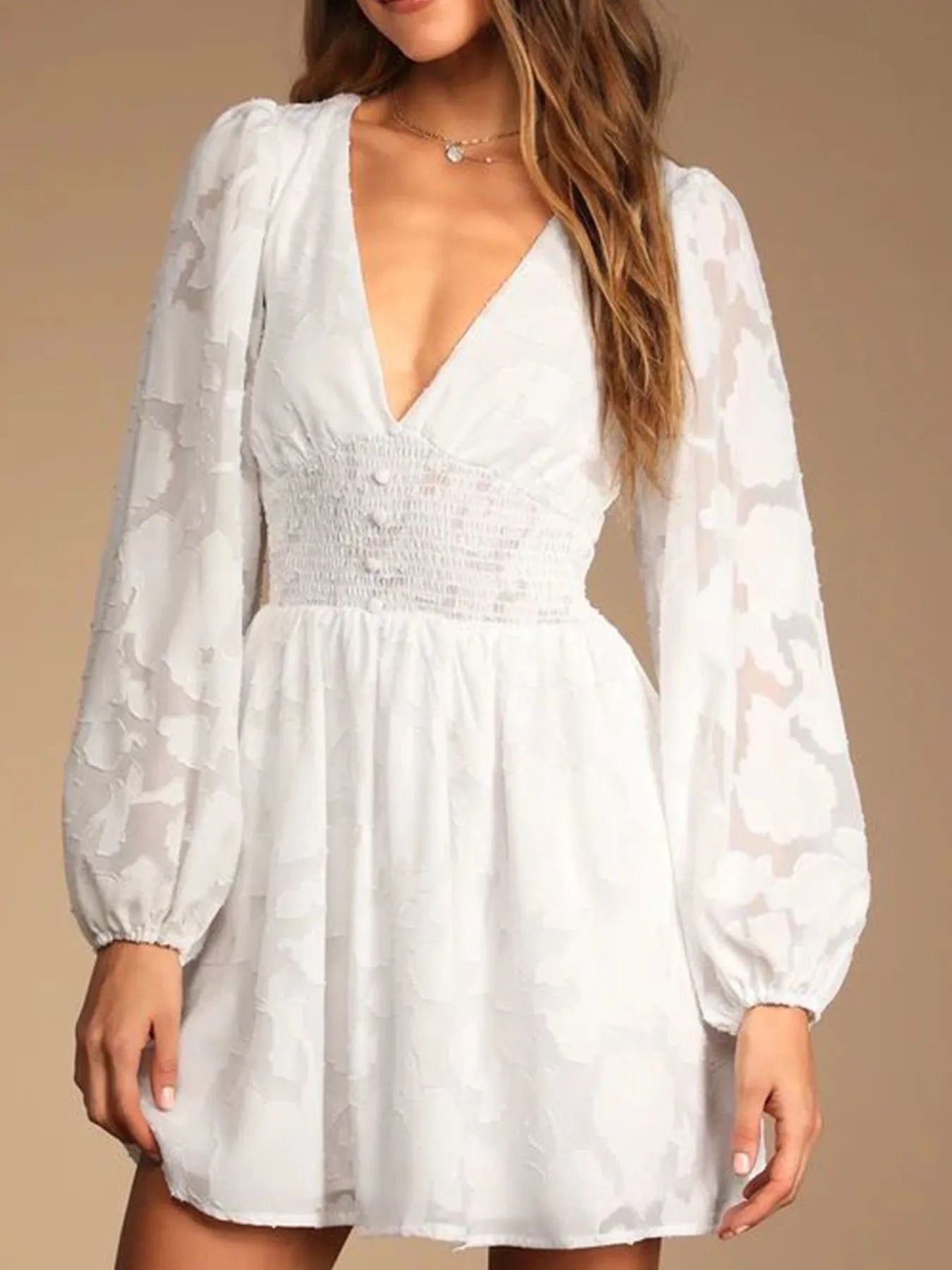 Smocked V-Neck Balloon Sleeve Dress White / S