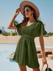 Smocked V-Neck Short Sleeve Dress Matcha Green / S