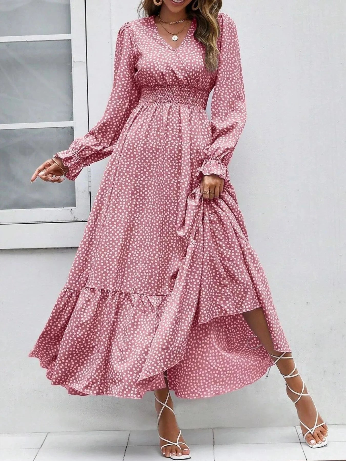 Smocked Waist Polka Dot Long Sleeve Maxi Dress