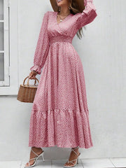 Smocked Waist Polka Dot Long Sleeve Maxi Dress
