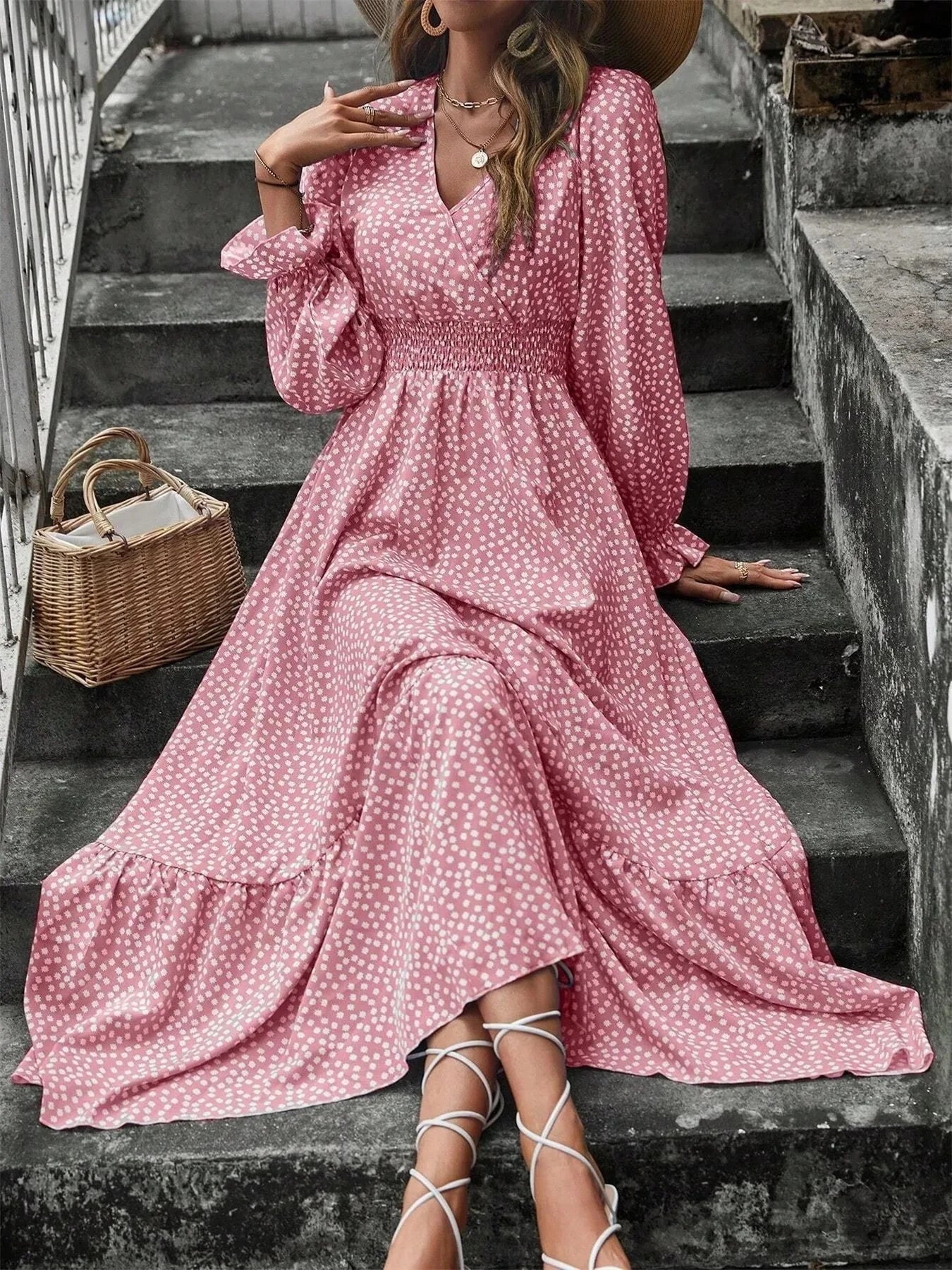 Smocked Waist Polka Dot Long Sleeve Maxi Dress Pink / S