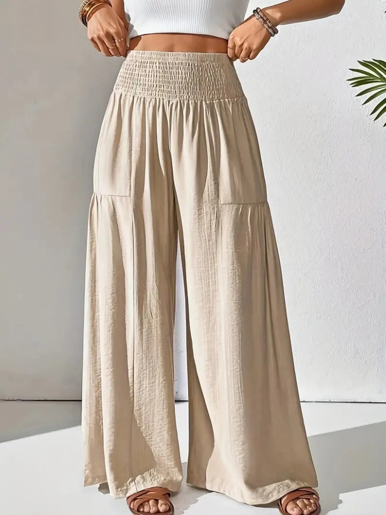 Smocked Waist Wide Leg Pants