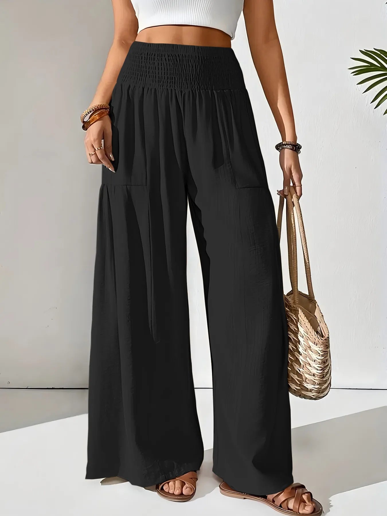 Smocked Waist Wide Leg Pants