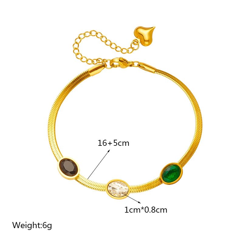 Snake Flat Chain Bracelet with White, Black, and Green Zircon for Women – Vintage Charming Wrist Jewelry Gifts B714