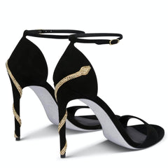 Snake Strapped Oval Toe Thin Heels