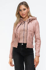 Snobbish Faux Leather Zip Up Drawstring Hooded Jacket Mauve / S