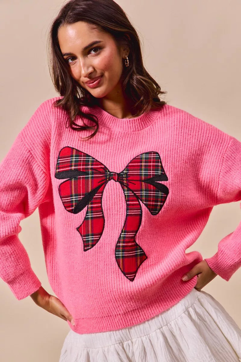 SO ME Checker Plaid Ribbon Christmas Holiday Sweater