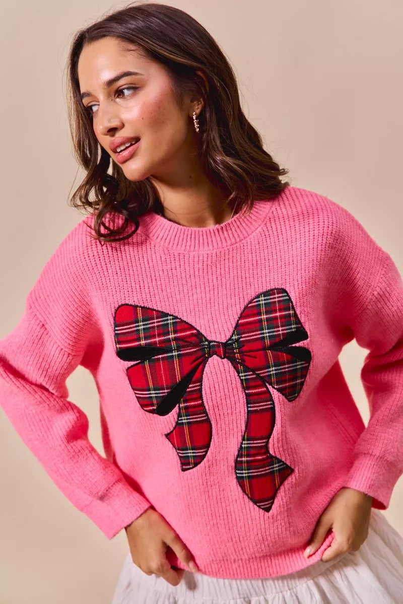 SO ME Checker Plaid Ribbon Christmas Holiday Sweater