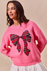SO ME Checker Plaid Ribbon Christmas Holiday Sweater PINK / S