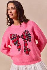 SO ME Checker Plaid Ribbon Christmas Holiday Sweater PINK / S