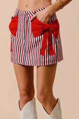 SO ME Contrast Bow Knot Pocket Fourth Of July Denim Skirt RED / S