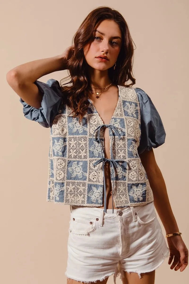 SO ME Crochet Lace Tie Front V Neck Blouse Top