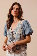 SO ME Crochet Lace Tie Front V Neck Blouse Top