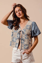 SO ME Crochet Lace Tie Front V Neck Blouse Top