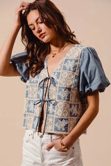 SO ME Crochet Lace Tie Front V Neck Blouse Top