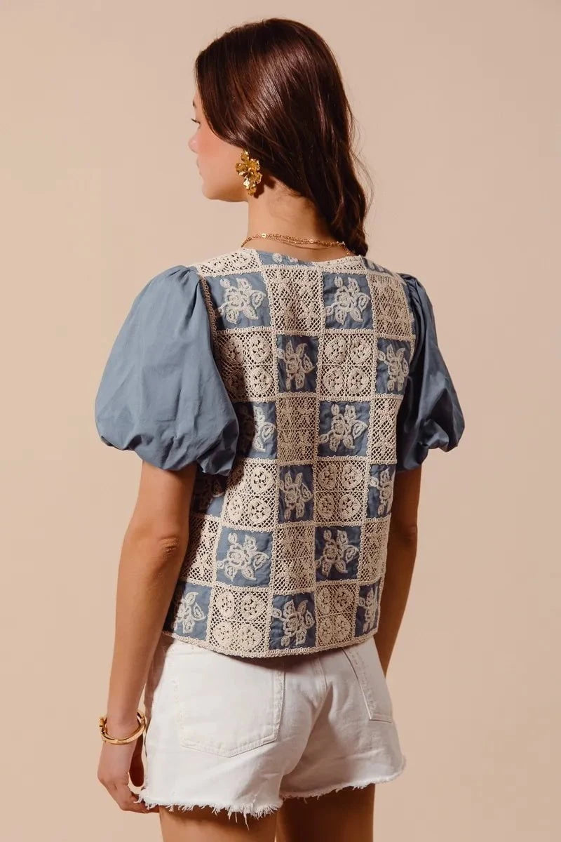 SO ME Crochet Lace Tie Front V Neck Blouse Top