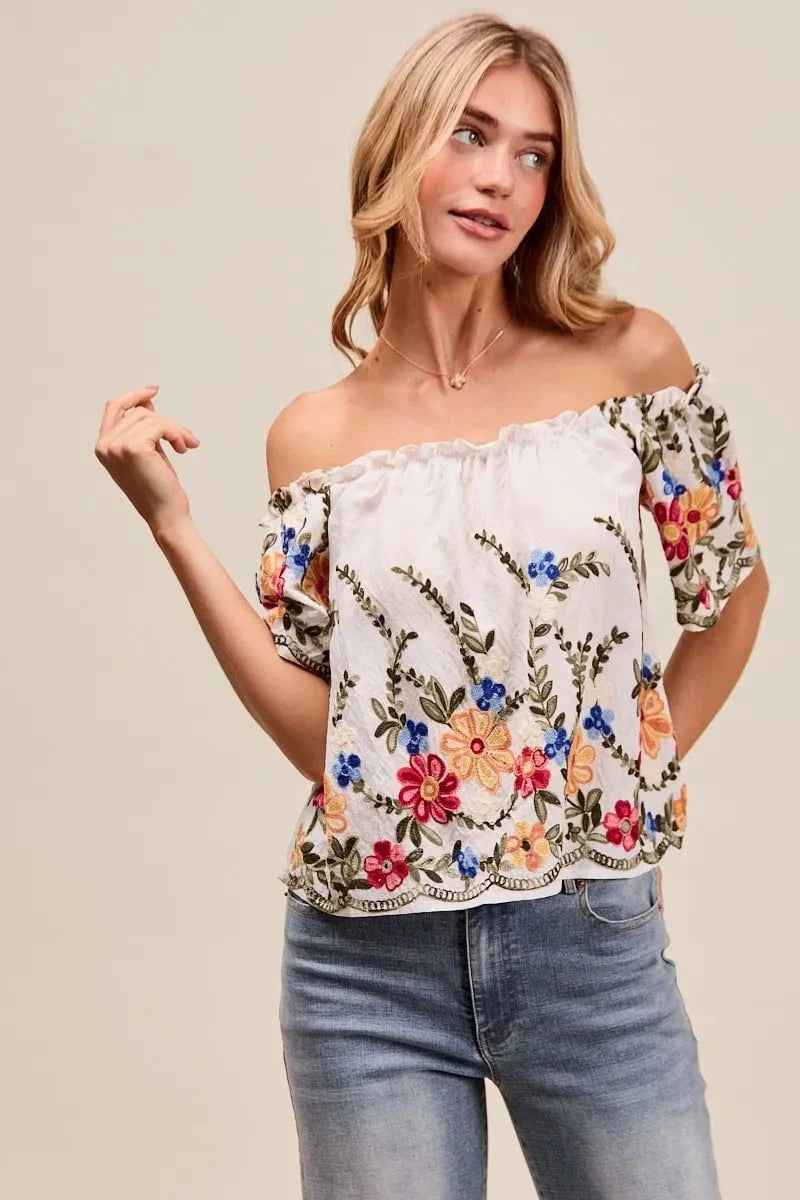 SO ME Floral Embroidered Two Way Off The Shoulder Blouse