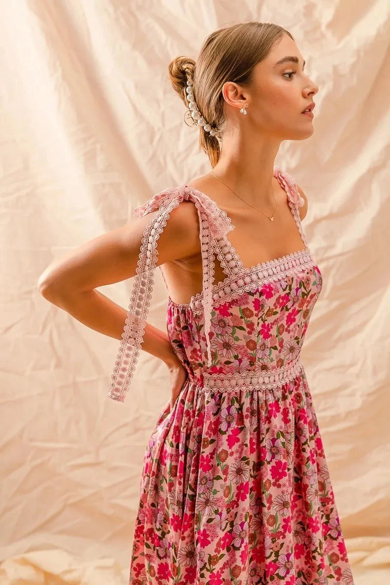 SO ME Floral Maxi Dress With Ribbon Tie Lace Strap